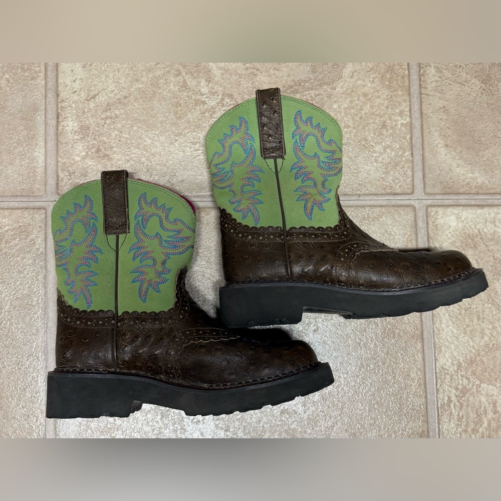 Kids Ariat Western Boots with Green and Brown Design